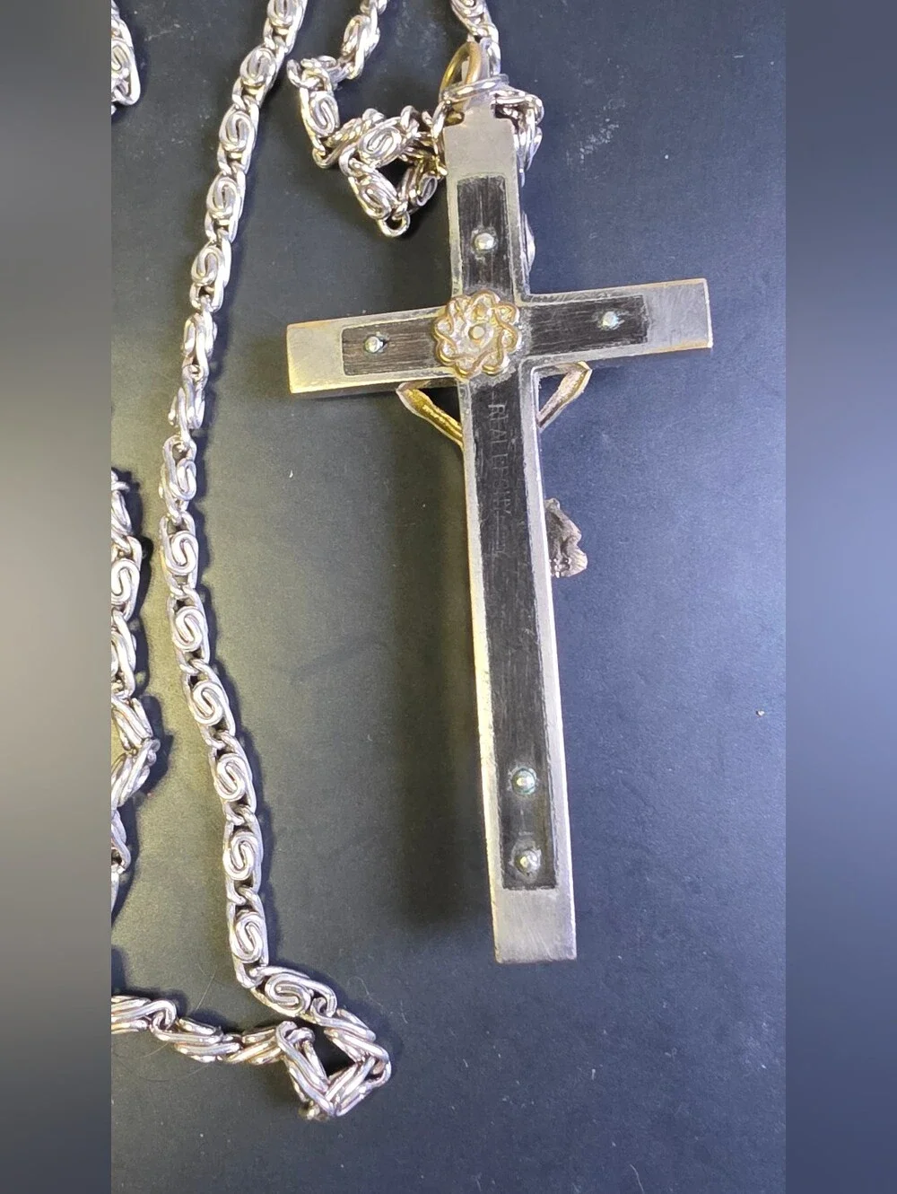 Vintage Catholic Nun's Or Priests Crucifix Featuring An Ebony Wood Inlay